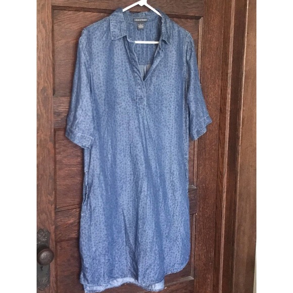 Chelsea & Theodore Dresses & Skirts - Chelsea & Theodore Shirt Dress Blue Chambray Leopard Animal Print Roll Tab Sz L